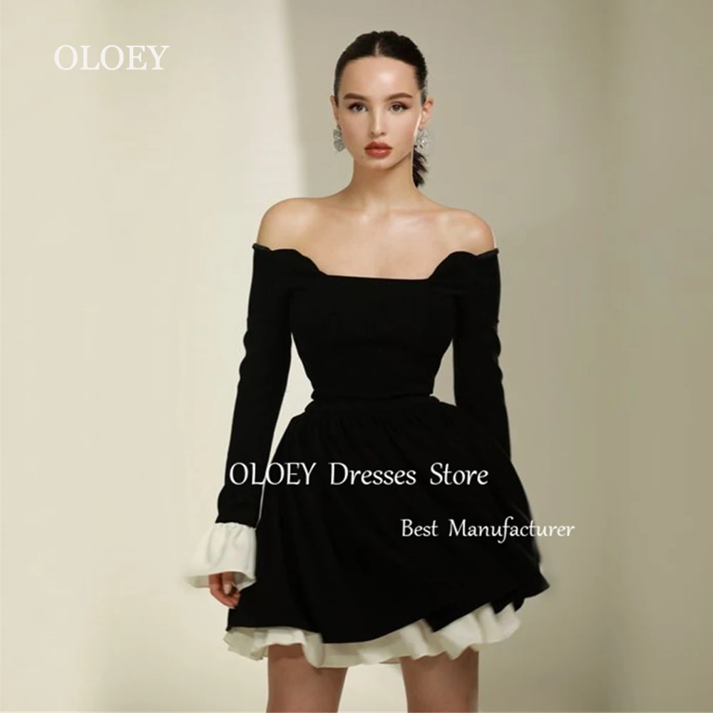 OLOEY Modest Black Mini Prom Cocktail Dress Pleats Off Shoulder Short Wedding Party Dress A Line Full Sleeves Formal