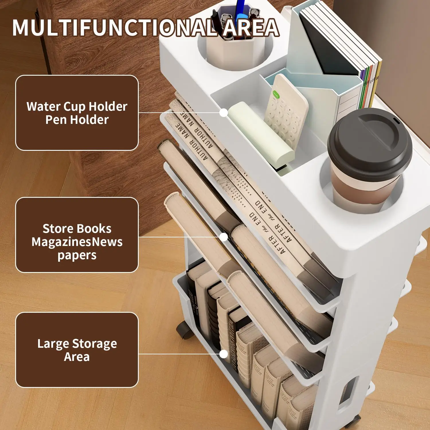 5-Tier Rolling Magazine and Book Storage Rack - Mobile Bookshelf for Classroom and Office