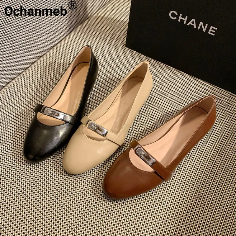 

Ochanmeb Sheepskin Flat Shoes Women Luxury Brand Designer Shark Lock Strap Shallow Shoes Round Toe Brown Nude Flats Woman Spring