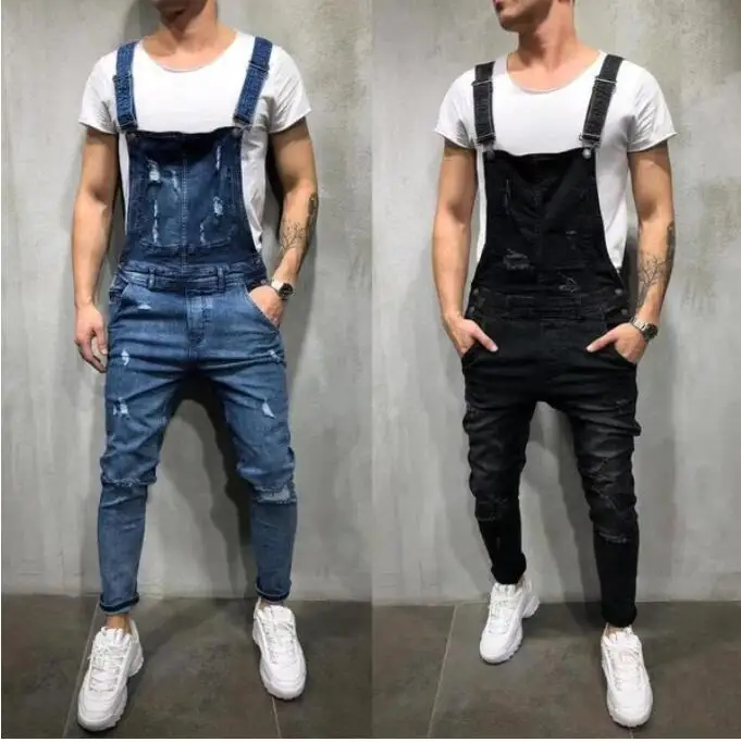 Men Jeans Overalls High Street Ripped Denim Jumpsuits Hip Hop One Piece Cargo Pants Cowboy Male Pockets Hole Suspenders