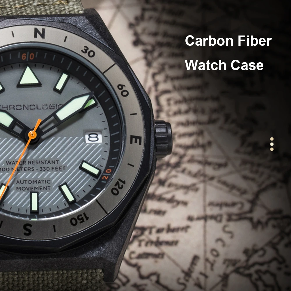 メンズカーボンファイバー自動腕時計,高級機械式時計,43mm,100m