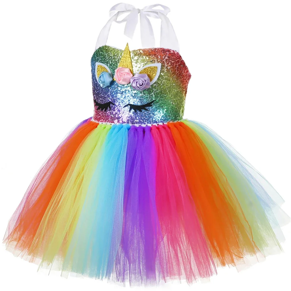 Girls Unicorn Dress LED Light Up Rainbow Sequins Birthday Party Princess Tutu Dress Christmas Halloween Costume Kids Clothes