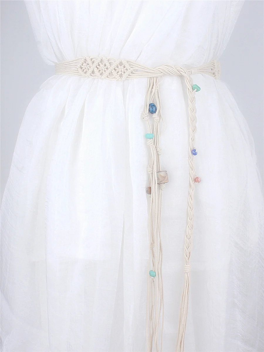 

Аксессуары для женщин, длинный Плетеный плетеный пояс в полоску, Женский этнический богемный пояс с цепочкой и кисточками