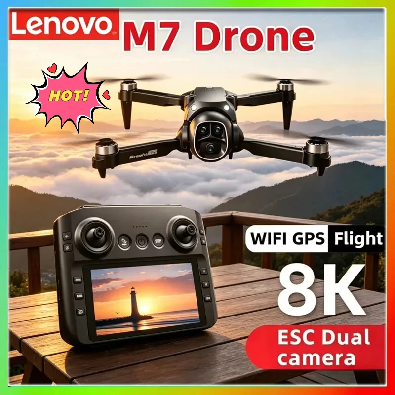 Gros plan sur le drone M7 avec caméra 4K ou 8K, montrant son design compact et son moteur sans balais pour un vol stable
