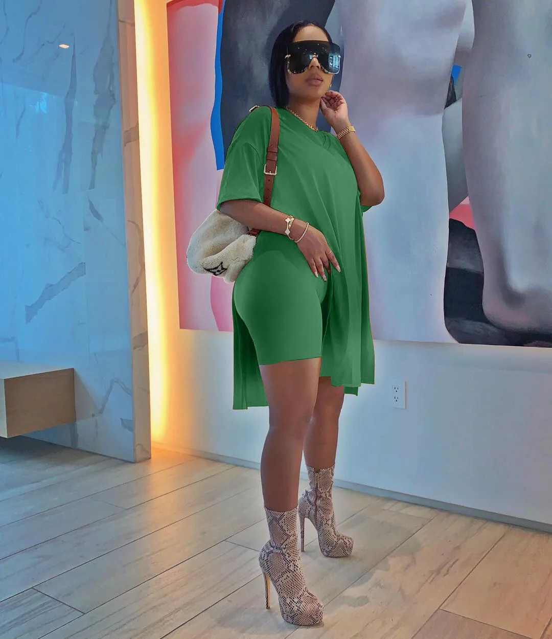 Women's Leisure Sports Suit Summer Loose Short-Sleeved V Neck Open Fork T-Shirt Shorts Two-Piece Suit Running Sports Suit Xs-5Xl