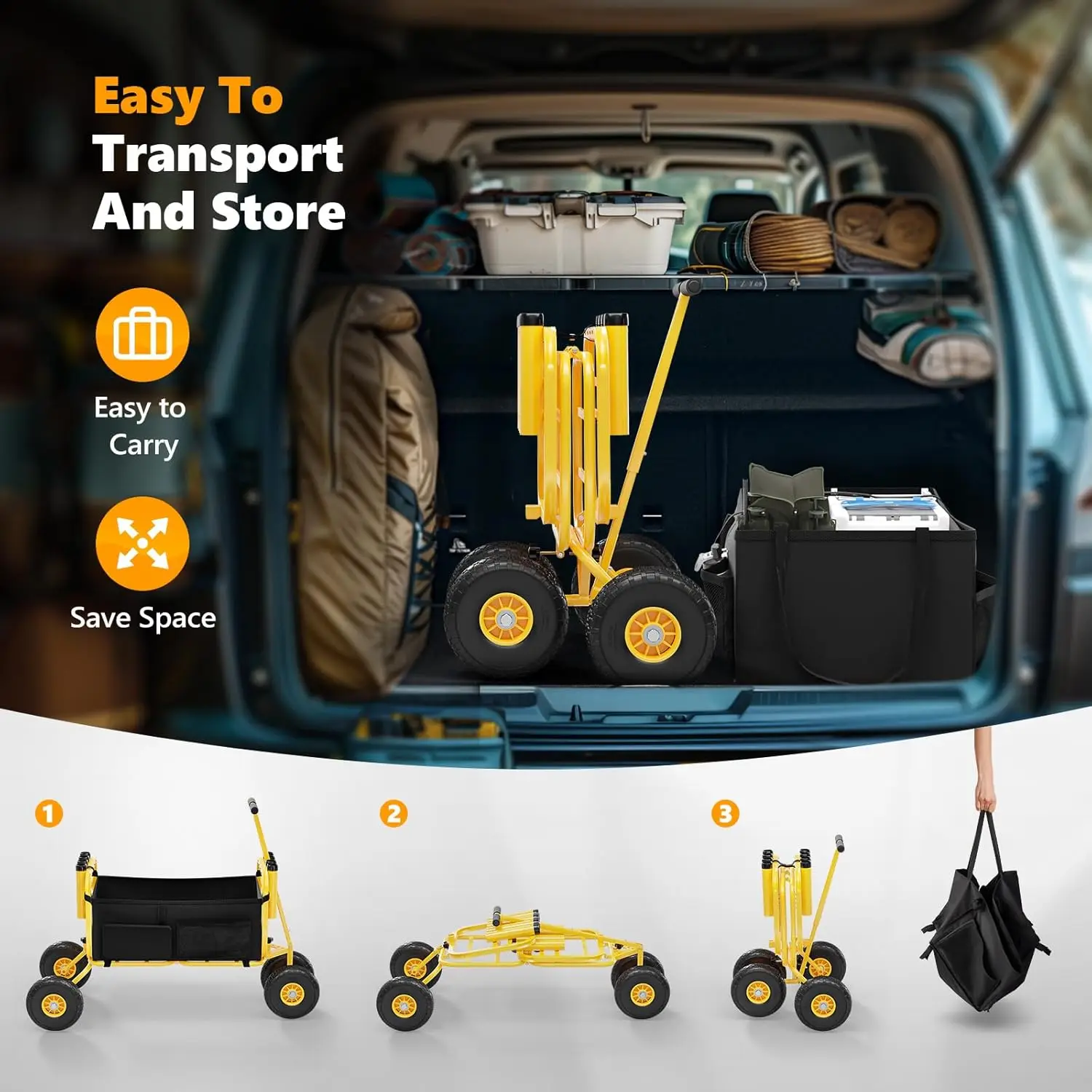 Foldable Trolley with 11" Airless Tires, Beach Trailer with Large Cargo Basket, 550 lbs Load Capacity, 8 Fishing Rod Holders