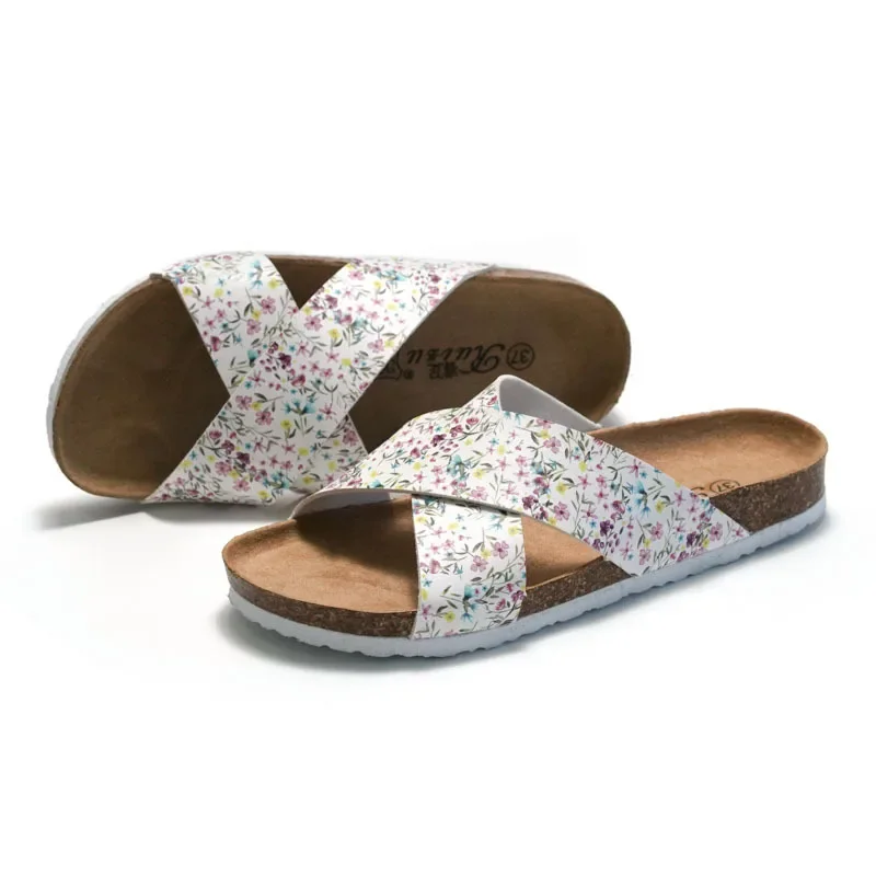 2023 New Product Summer Women's Cork Slippers Cross Strap Student Beach Shoes Sandals Cross border Flower Fragmentation
