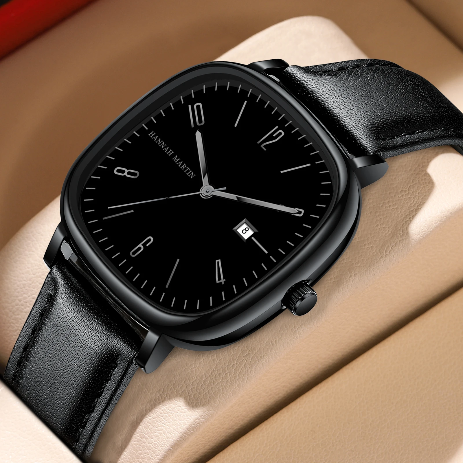 2024 New Men's Watch Fashion Square Business Style Black Clock Original Quartz Movement 40mm Casual Leather Watches reloj hombre 5