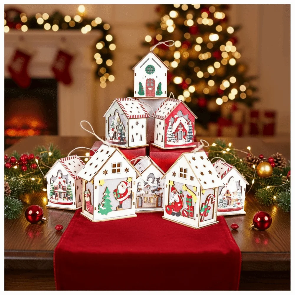 Creative Colorful Christmas LED Light Wooden House Cute Mini Wooden Luminous Huts Decorative Luminous Cabin Holiday Decoration