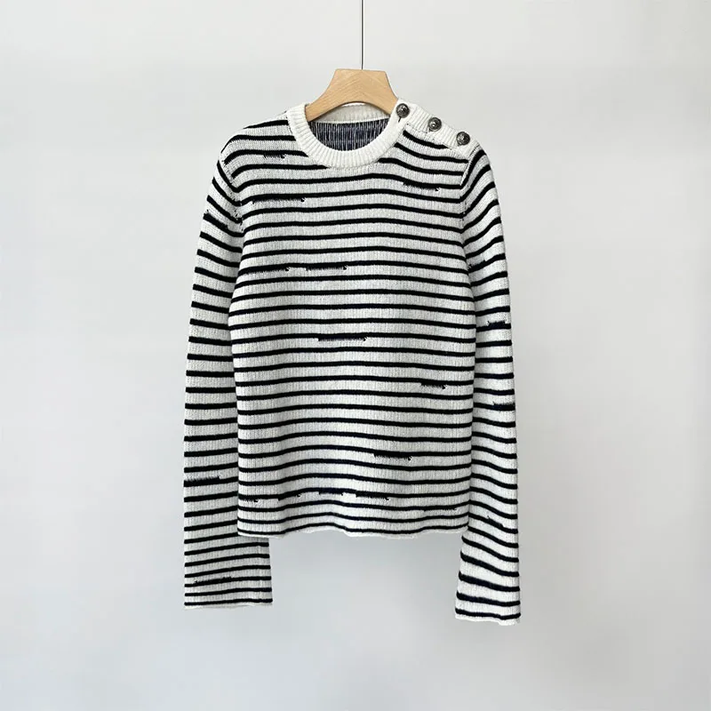 

Zadig Cashmere Jumpers Women Black White Stripes Sweaters Casual Buttons Winter Warm Tops Female Crew Neck Long Sleeve Pullovers