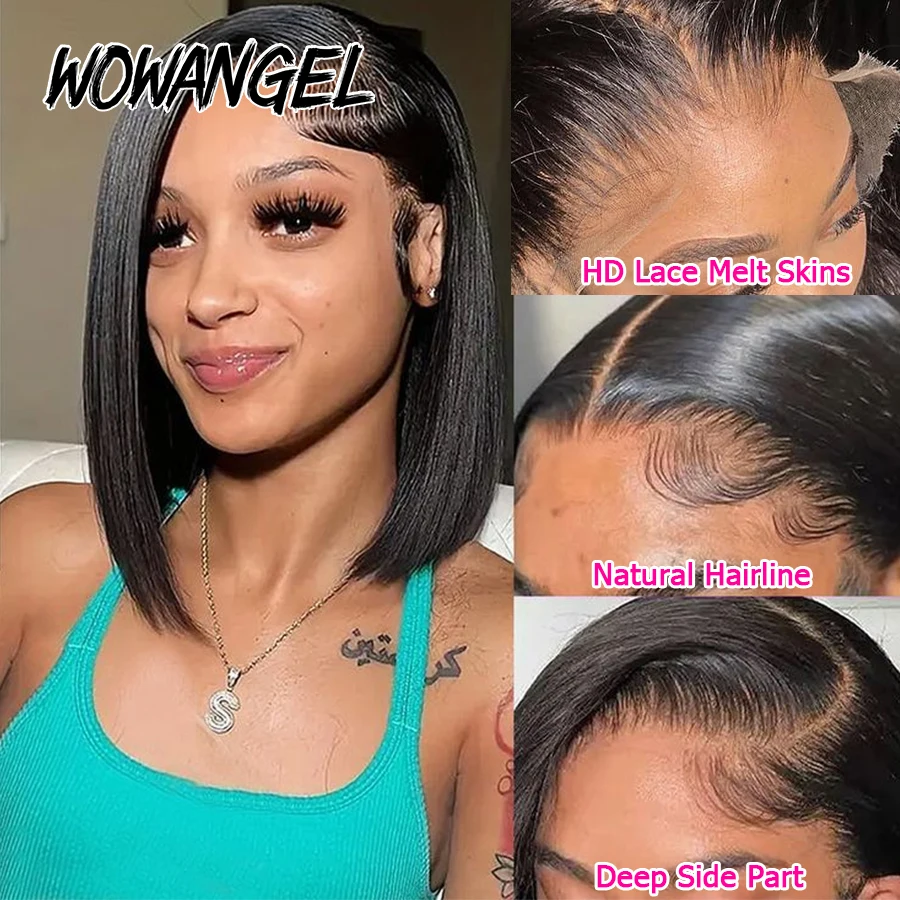 Wow Angel Parrucche Frontali in Pizzo HD 13x6, Bob Corto Liscio, Parrucche in Capelli Umani con Pizzo Frontale Pre-Rifinito, Capelli Brasiliani per Donne - immagine 3