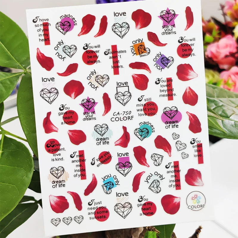 

3D Stickers for Nails English Letter Red Flower Debate Design Nail Art Decoration Manicure Stickers Decal Nail Foil Accessories