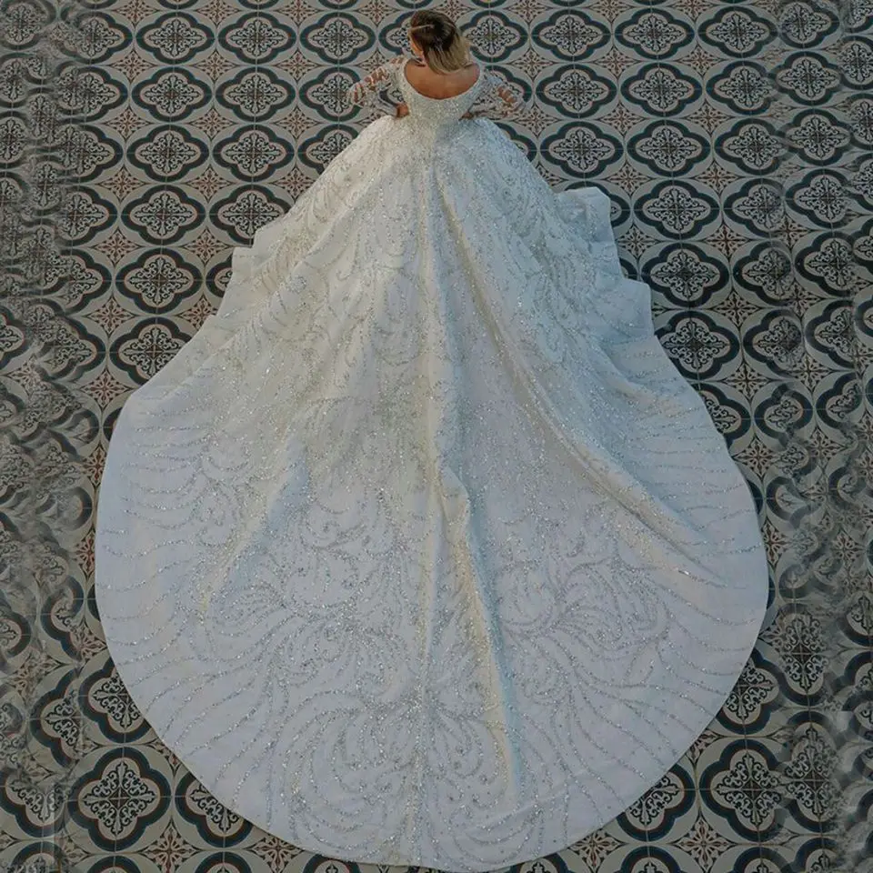 Abiti da Sposa di Lusso Personalizzati con Cristalli e Perline 2026, Stile Arabo Dubai, Abito da Ballo con Paillettes Scintillanti, Vestiti da Sposa - immagine 2