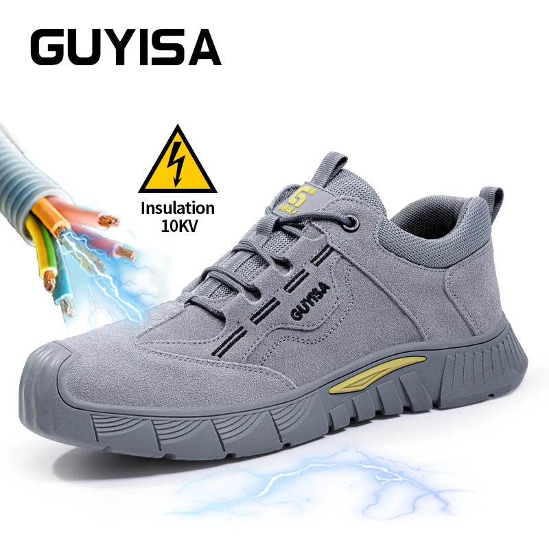 GUYISA 남성용 전기 기사 안전화, 절연 신발, 화상 방지 용접기, 강철 발가락, 보안 보호, 10KV 크기 37-45 회색