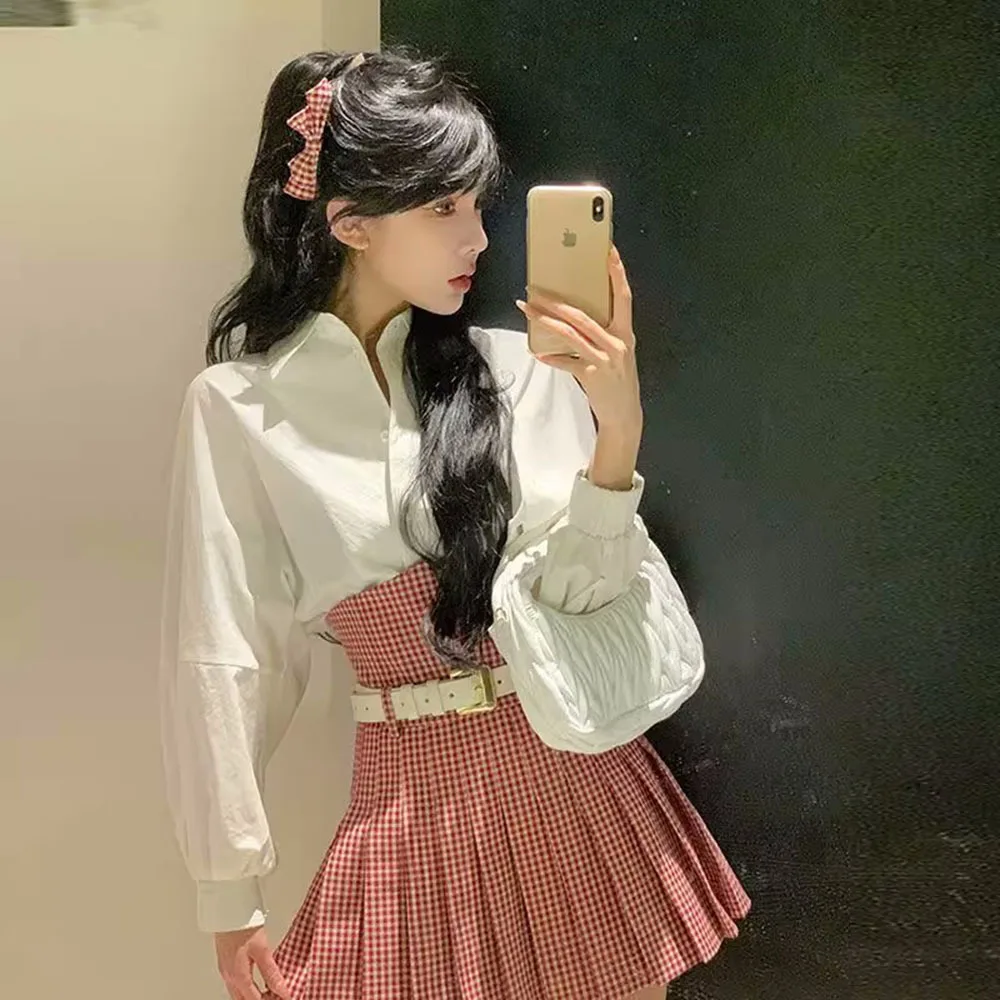 

Summer Slim Lantern Sleeve Shirt Ladies + High Waist Retro Plaid Pleated Skirts Set Skirt Woman Elegant Two Piece Set For Women