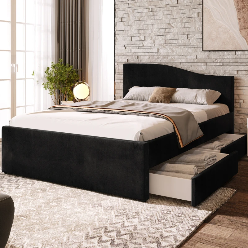 Upholstered Bed Bed 140 200 Cm Bed With Slatted Frame, 2 Drawers And Rounded Headboard & Velvet Black - Beds - AliExpress