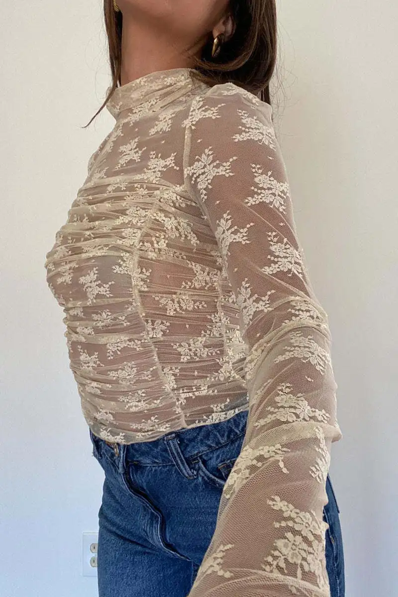 See-Through Lace Mesh T-shirt For Women Long Sleeve Printed Fashion Sexy Summer Contrast Pullover Female Slim Tee Top