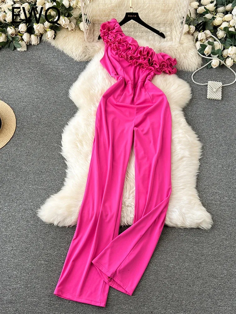 

Элегантный стильный шикарный женский комбинезон EWQ с диагональным воротником и оборками, драпированные однотонные комбинезоны с высокой талией, новинка сезона зима-весна 2024