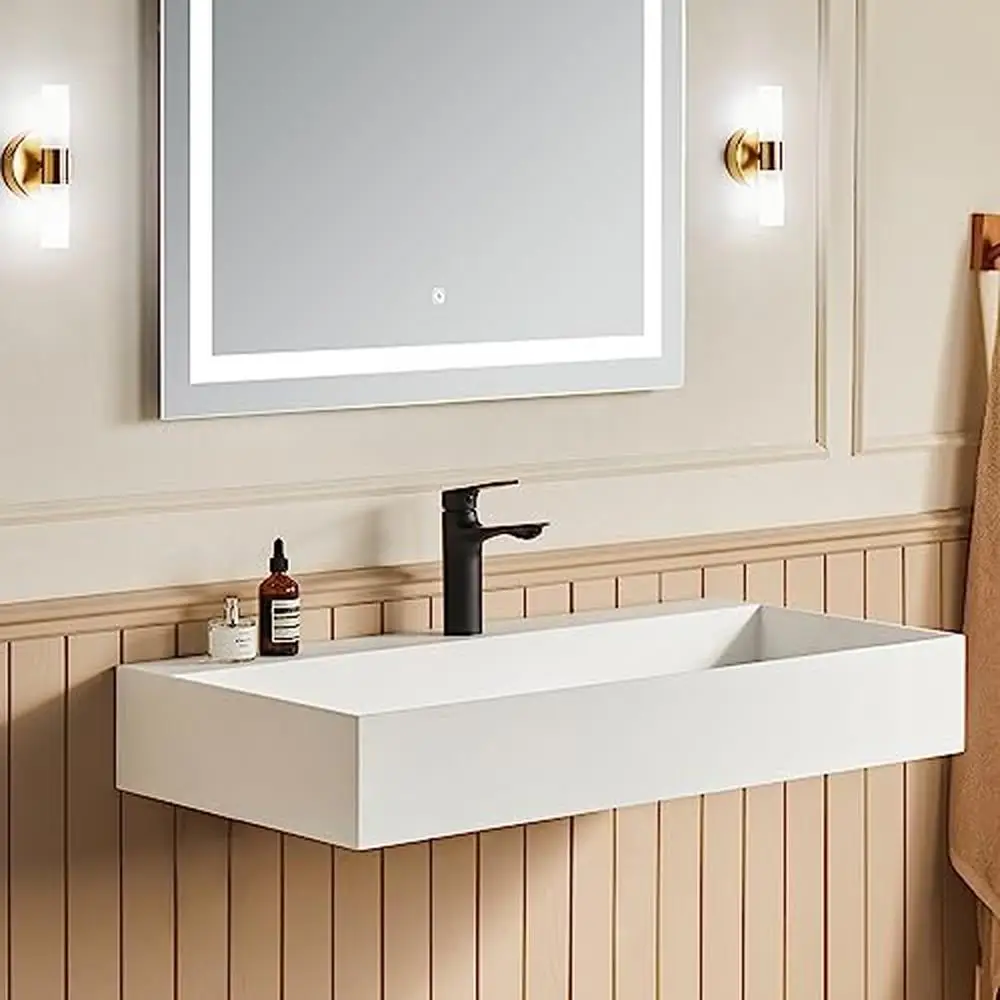 Rectangle Vessel Sink Matte White Stone Resin 30"x18" Wall Mount Bathroom Sink with Pop-up Drain Scratch-Resistant Minimalist 3