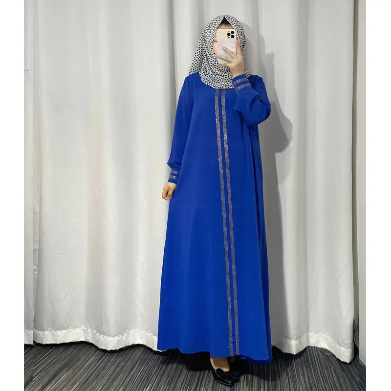 Black Bangladesh Women Lace Maxi Abaya Dubai Turkey Muslim Hijab Dress 2024 Plus Size Diamond Shiny Boubou Long Sleeve Dress