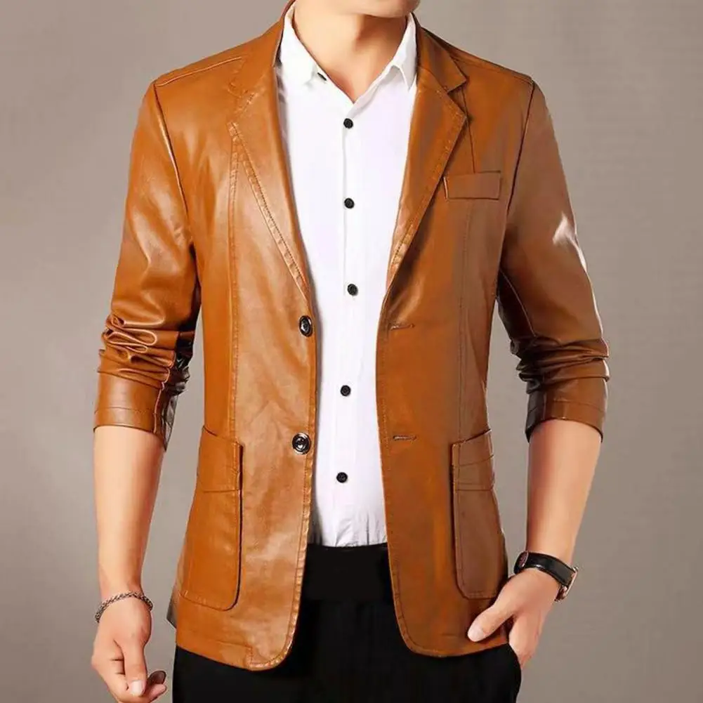 Men Leather Jacket Button Decoration Lapel Collar Outdoor