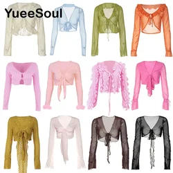 Y2K Vintage Women T-shirts Sexy Deep V Neck See-Through Long Sleeve Crop Tops 2023 New High Street Casual Slim Women Clothes
