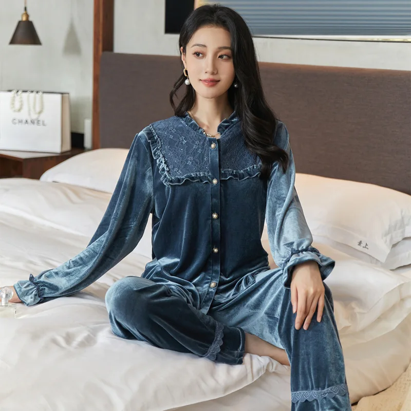 

Winter New Home Clothes Trousers Set Sexy Lace Flower Long Sleeve Velour Pyjamas for Female Warm Nightwear Loungewear Nightgown