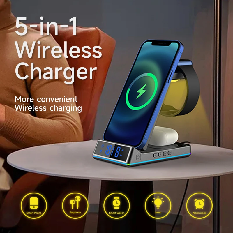 15w Fast Charging Wireless Charger Portable Desktop Qi 3 in 1 Travel Carry Phone Holder Foldable Base Night Light Alarm Clock