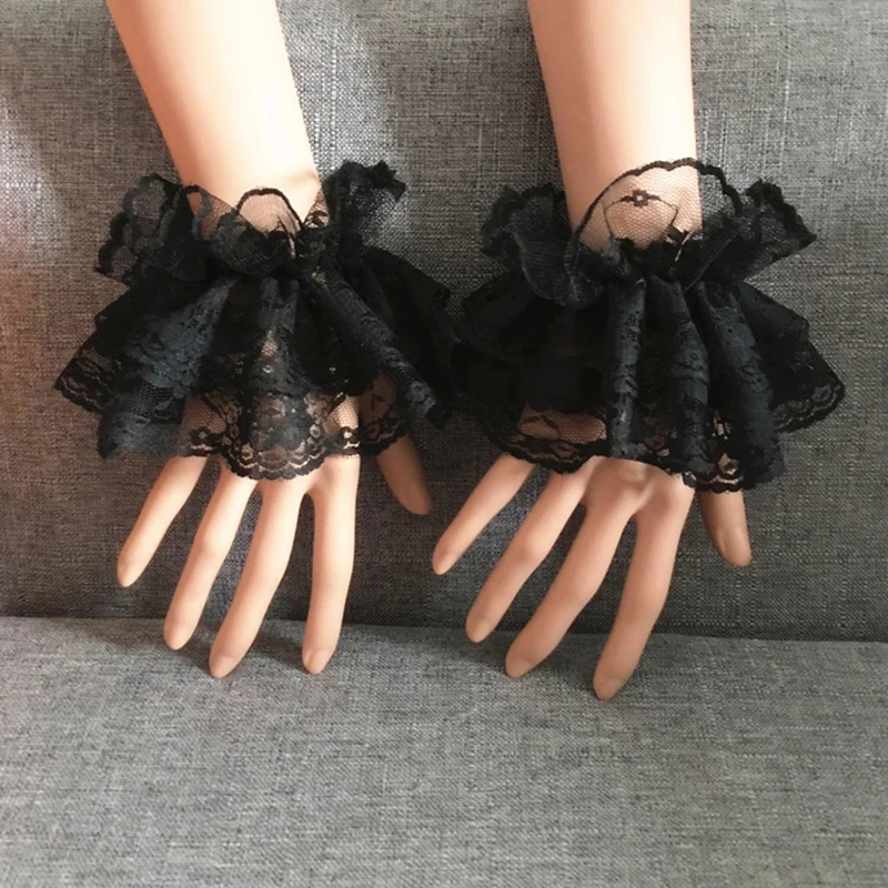 Lolita Lace Wrist Cuffs - Ruffled Floral Black Hand Sleeves for Halloween