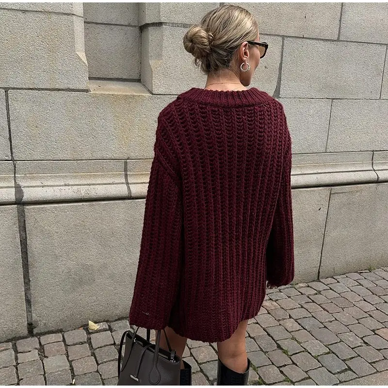 Casual Knitted Solid Mid Long Sweaters Women Loose O-neck Long Sleeve Dark Red Pullover Sweaters Female Autumn Chic Street Tops