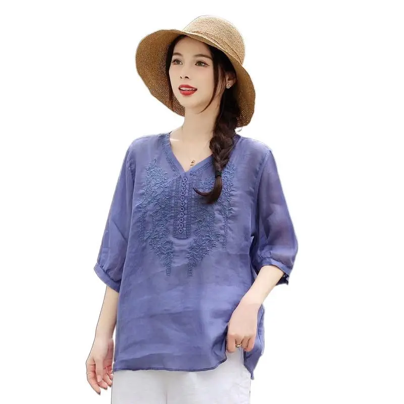 Plus Size Vintage Embroidery Cotton Linen T-shirt Women Summer V-Neck Loose Casual Chinese Style Buckle Top Female Tee M-3XL