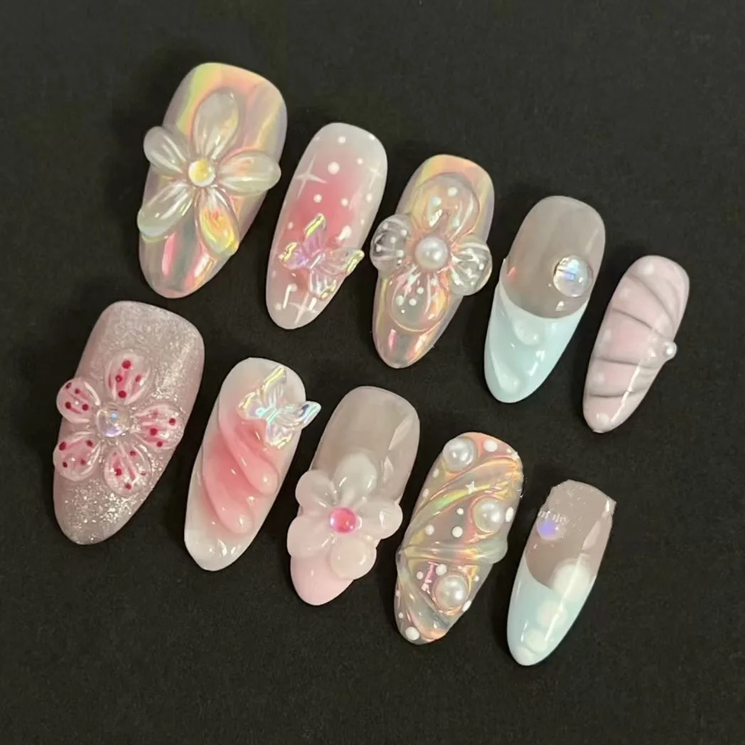 24PCS Pink Almond Press-On Nails with 3D Floral Design and Golden Pearl Accent