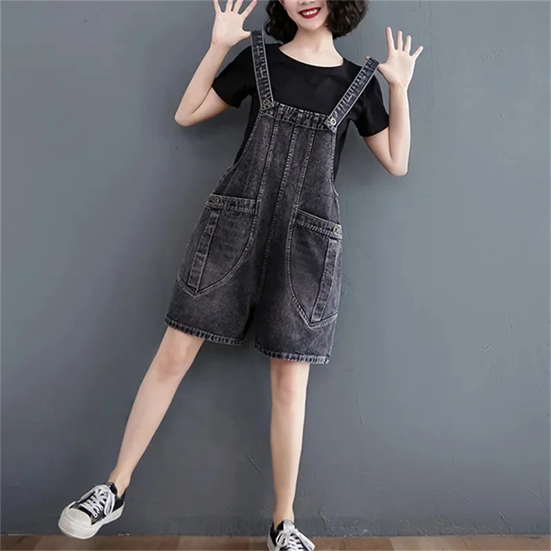 Denim Playsuits Women's Summer New Strap Shorts Over Knee Mid long Casual Jumpsuit Pant with Strap Wide Leg Pants Female Jeans