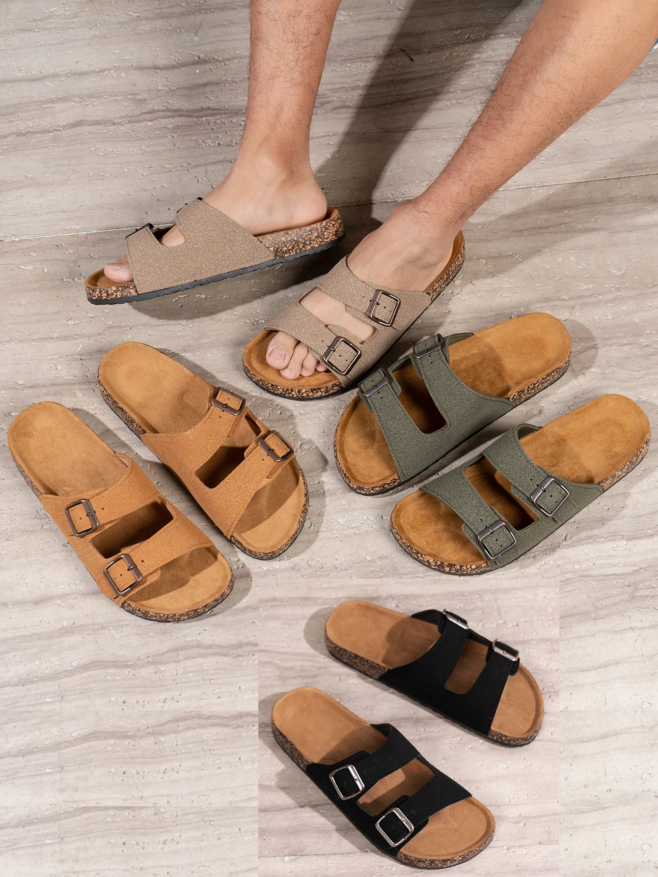 Men's Casual Simple Buckle-Adjustable Pu Upper Double-Bar Beach Flip-Flops Flat-Soled Slip-On Outdoor Home Eva Slippers