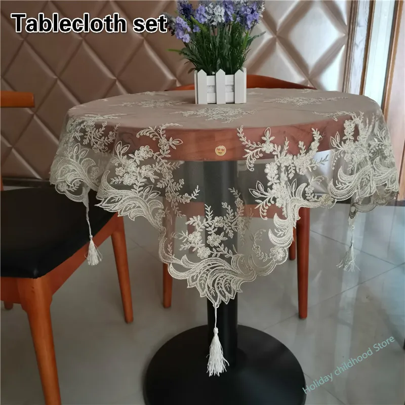 European Lace Embroidery Pendant Tablecloth Placemat Coaster Set Bedroom Balcony Coffee Small Round Table Cover Cloth Decoration