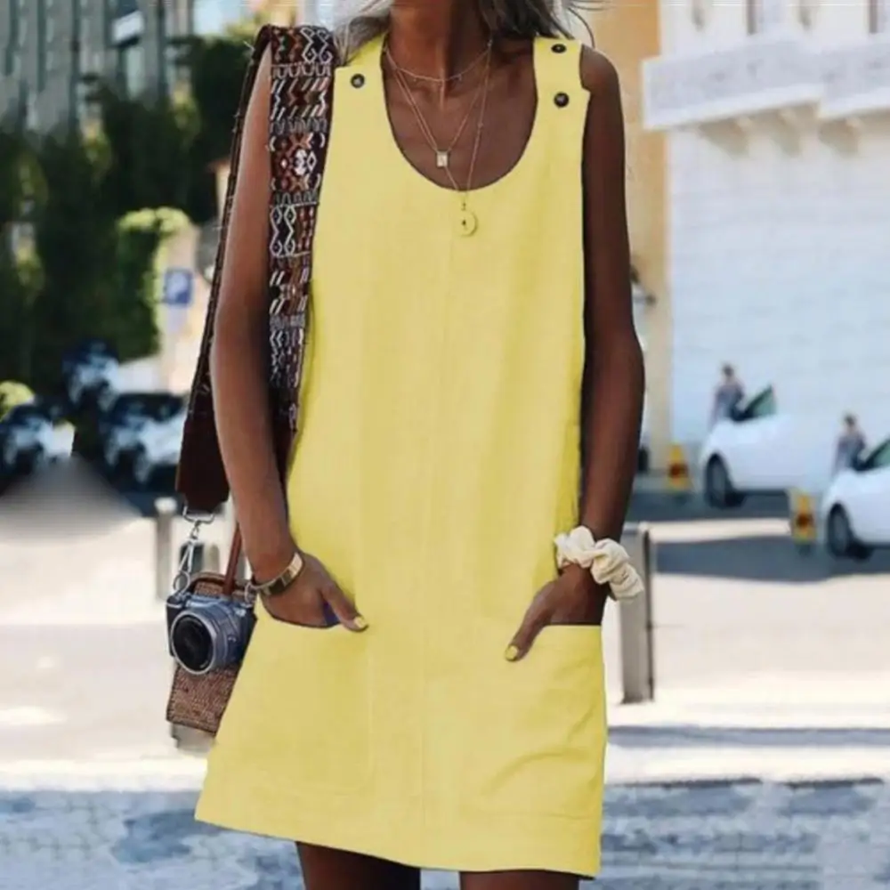 

Casual Women Sleeveless Mini Dress Solid Color Beach Pocket Button Sundress