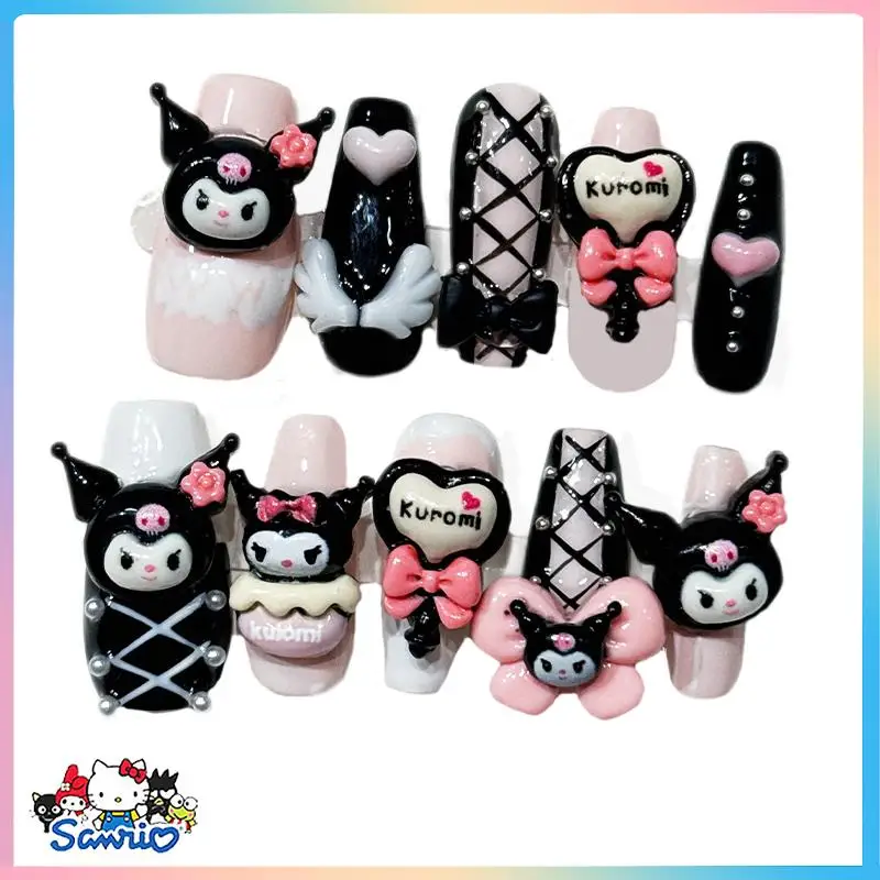 

Новинка, накладные ногти Sanrios Kuromi Y2K в армированной очаровательной аниме-картинке со съемными искусственными ногтями, подарки, украшение для длинных ногтей
