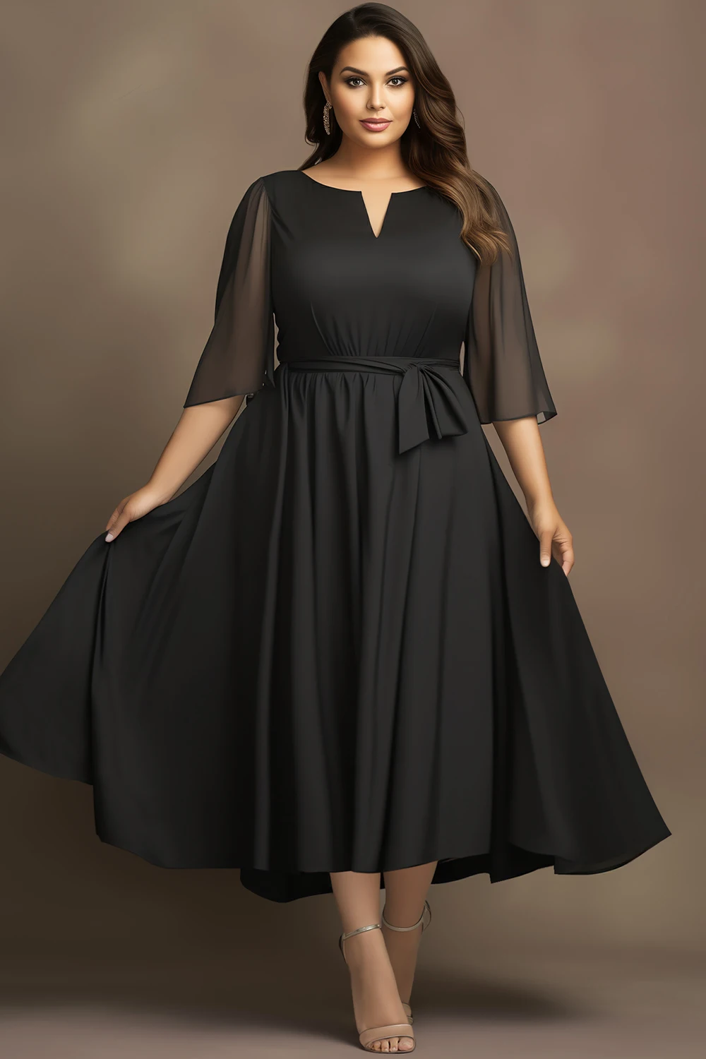 Plus Size Black Lace-Up Midi Dress