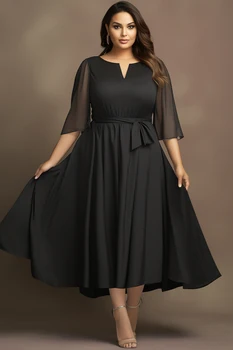 Plus Size Black Lace Up Flutter Sleeve Evening Midi Dress