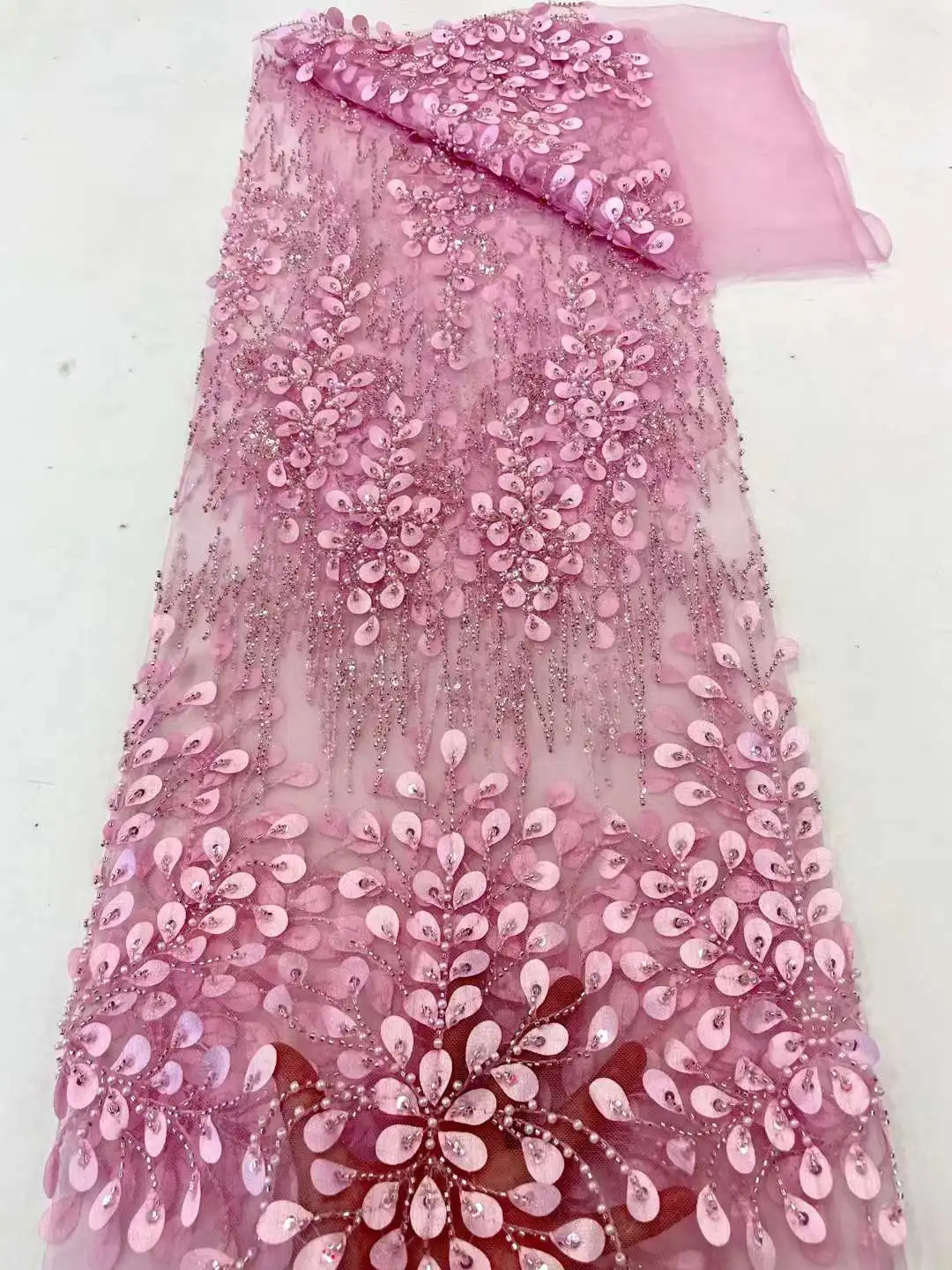 

Pink African Nigerian Lace Fabric 2023 High Quality Lace French Sequin Beads Lace Fabric African Tulle Lace Fabric For Wedding