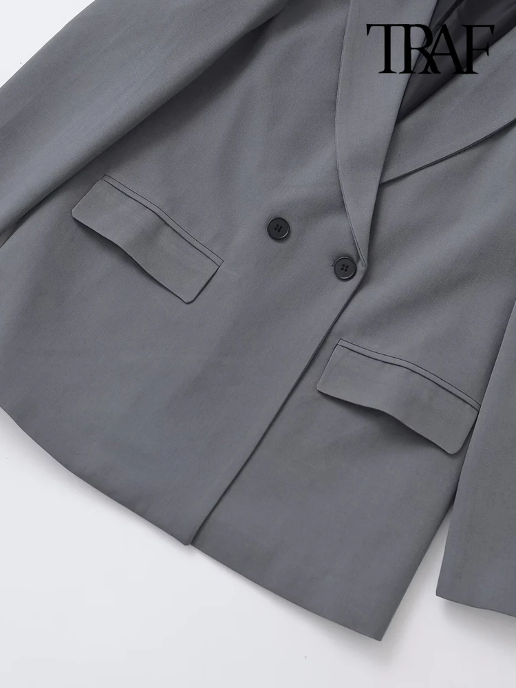 TRAF-Women's Double Breasted Office Wear Blazer Coat, Long Sleeve, Flap Pockets, Female Outerwear, Chic Tops, Fashion 6