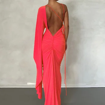 Rose Red Backless Maxi Dress Women Sexy Ruched Evening Party Dresses Fashion Elegant One Shoulder  Slim Long Summer Dress 2023
