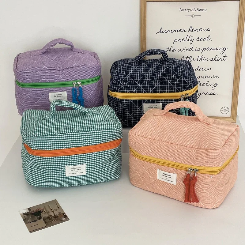 Quilted Plaid Girls Cosmetic Bags Retro Ladies Clutch Pencil Case Coin Purse Portable Travel Female Toiletry Storage Bag Handbag 6