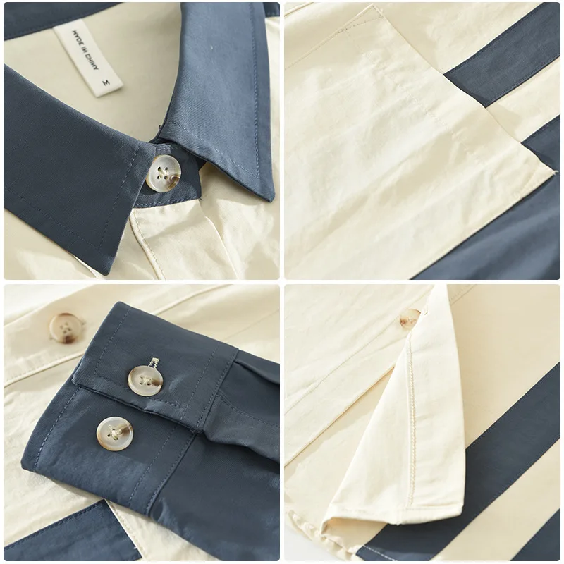 Vertical Striped Workwear Shirt Men Cotton Long Sleeve Bowling Spliced Shirt with Chest Pocket Casual Loose Fitting Cargo