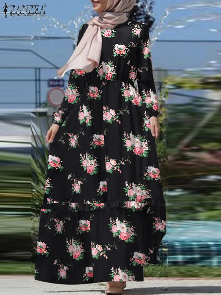 

ZANZEA Women Vintage Muslim Dress Bohemian Printed Ruffles Sundress Party Robe Femme Turkey Abaya Hijab Vestido Isamic Clothing
