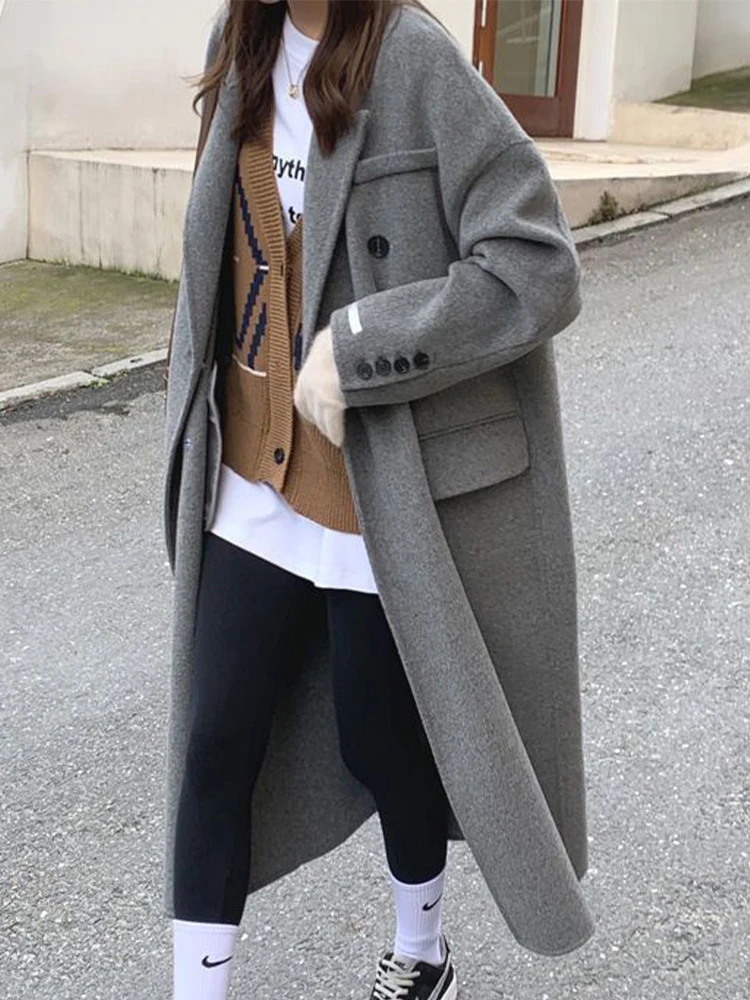 Winter Long Wool Coat Women Thick Warm Wool Jacket Female Korean Fashion Loose Outwear Ladies Casual Long Sleeve Cardigan Coats