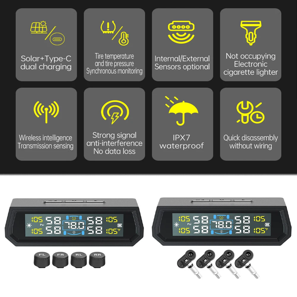 태양광/USB 전원식 타이어 공기압 모니터링 시스템(4개 센서, 무선 LCD 디스플레이 타이어 공기압 모니터 시스템)
