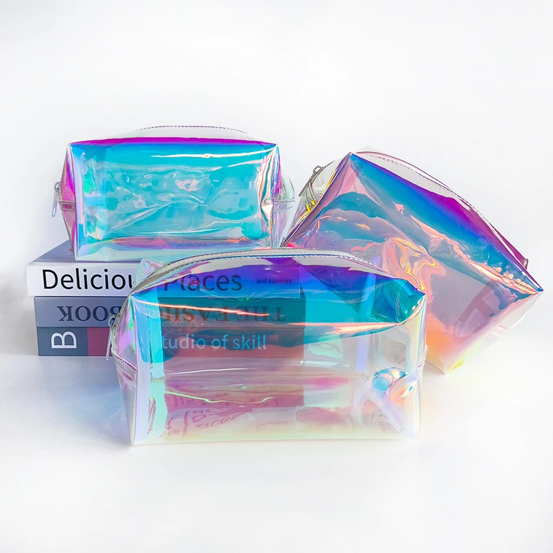 

2023 Holographic Makeup Bag Cosmetic Travel Bag Waterproof Storage Pouch Purse for Women PVC Transparent Jelly Pouch for Ladies