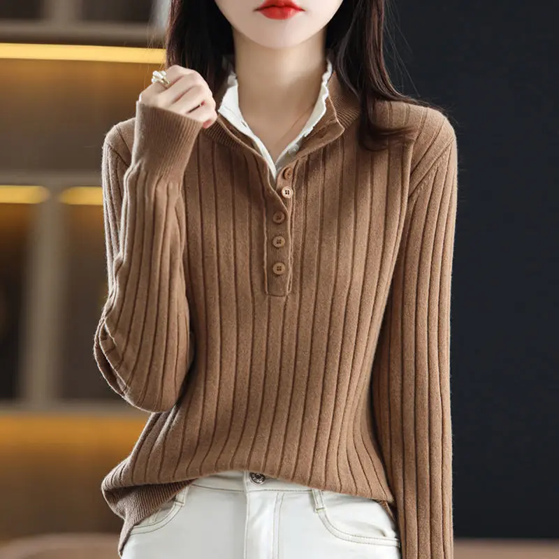 2022 Autumn/Winter New Fake Two Piece Spliced Standing Neck Knit Long Sleeve Temperament Sweater Versatile Office Lady Tops