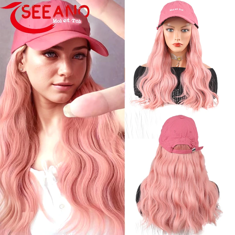 

SEEANO Long Wavy Synthetic Hat Wig Baseball Cap with Hair Extensions Hat Wig Bone Light Blonde Connect Wig Adjustable For Women